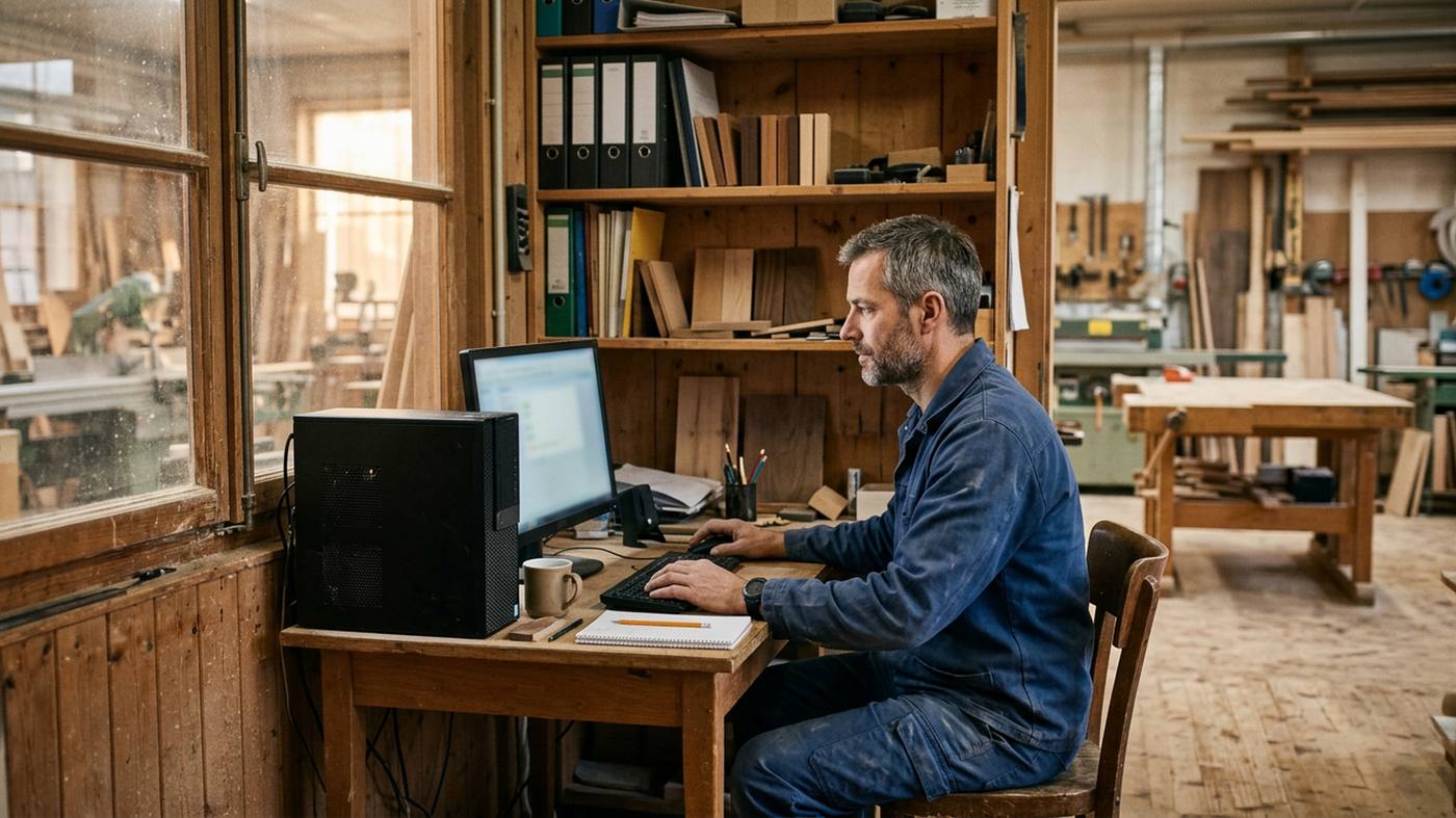 Ein Schreiner sitzt in der Büroecke seiner Werkstatt am Computer, im Hintergrund die Werkbank und gestapeltes Holz.