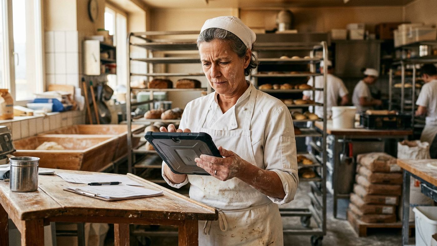 Eine Bäckerin in weisser Arbeitskleidung schaut in ihrer Backstube skeptisch auf ein Tablet in ihrer Hand.