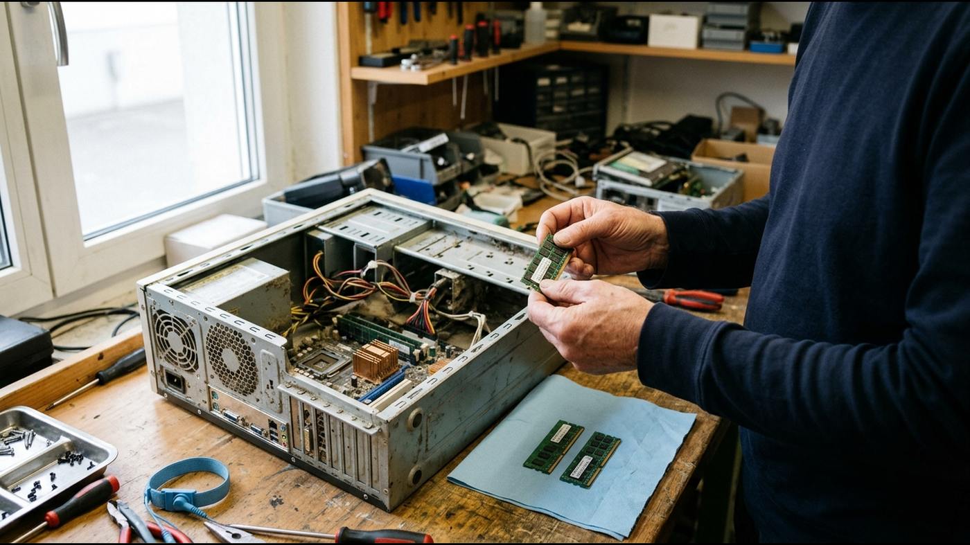 Ein geöffneter älterer Desktop-Rechner auf einer Werkbank, daneben zwei herausgenommene Arbeitsspeicher-Riegel.