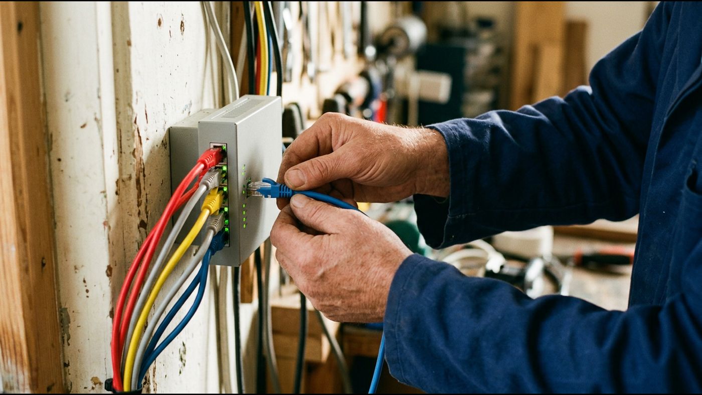 Die Hände eines Technikers stecken ein Netzwerkkabel in ein kleines Firewall-Gerät an der Wand, in das mehrere verschiedenfarbige Kabel zusammenlaufen.