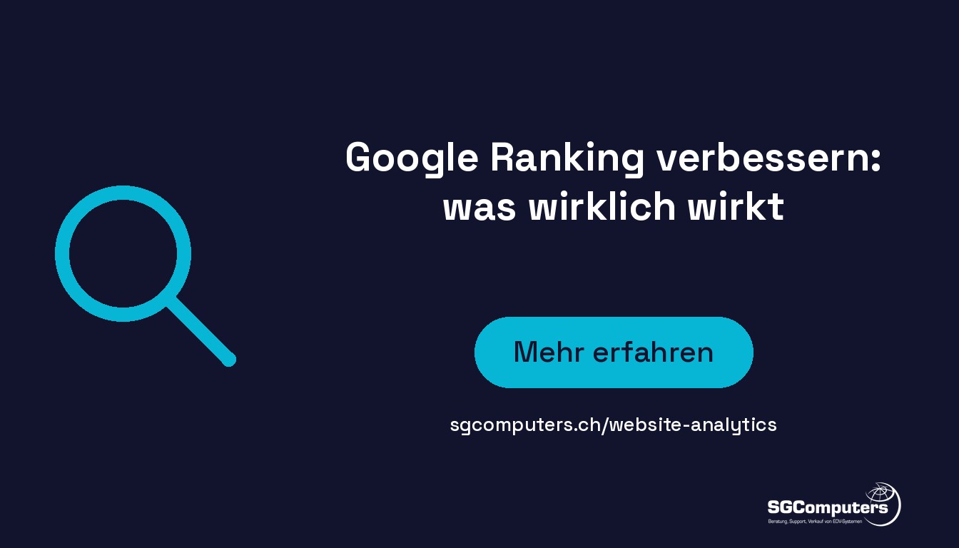 Eine Lupe in Cyan auf dunkelblauem Grund, daneben der Titel «Google Ranking verbessern: was wirklich wirkt».