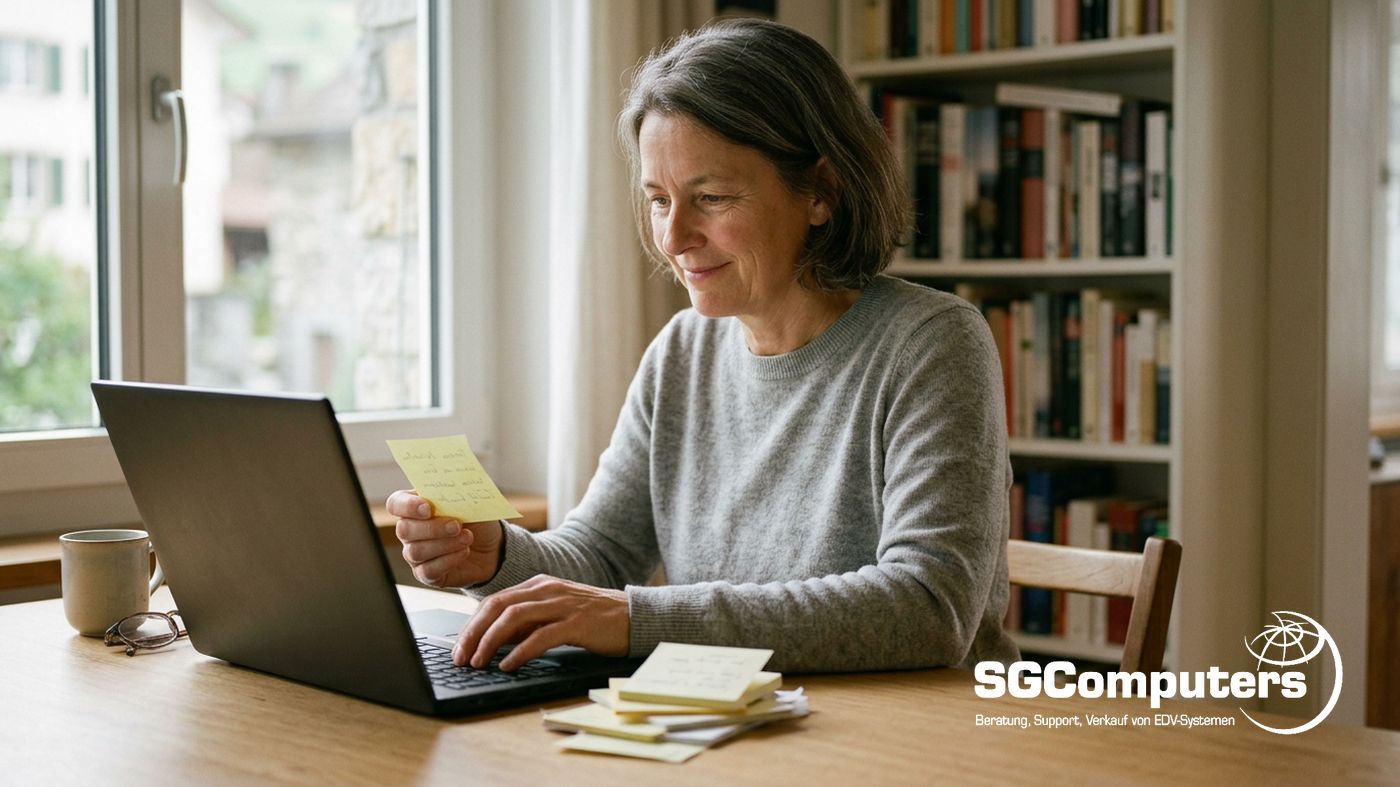 Eine Frau sitzt am Holztisch vor dem Laptop und hält einen gelben Notizzettel in der Hand, daneben liegt ein Stapel Zettel.