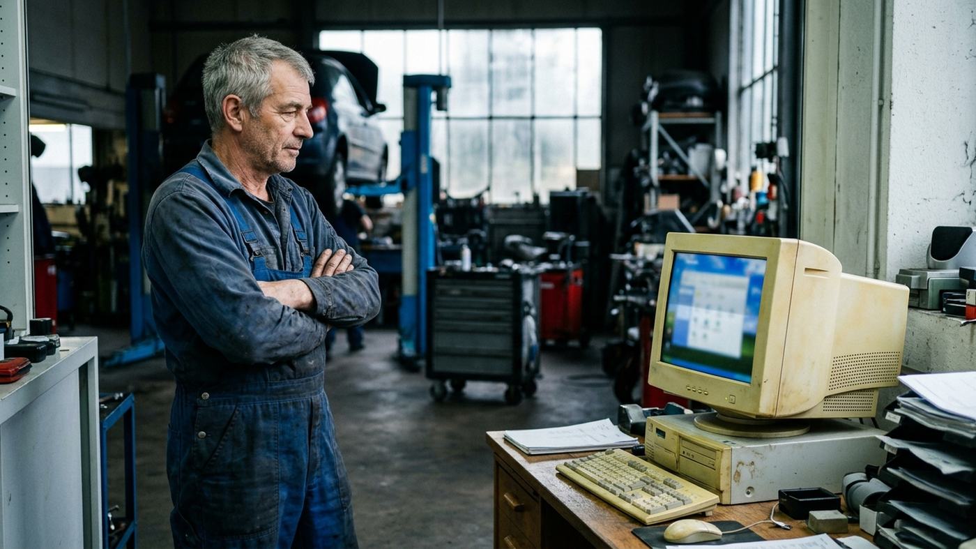 Ein Garagist steht mit verschränkten Armen in seiner Werkstatt und wartet vor einem vergilbten, alten Computer.