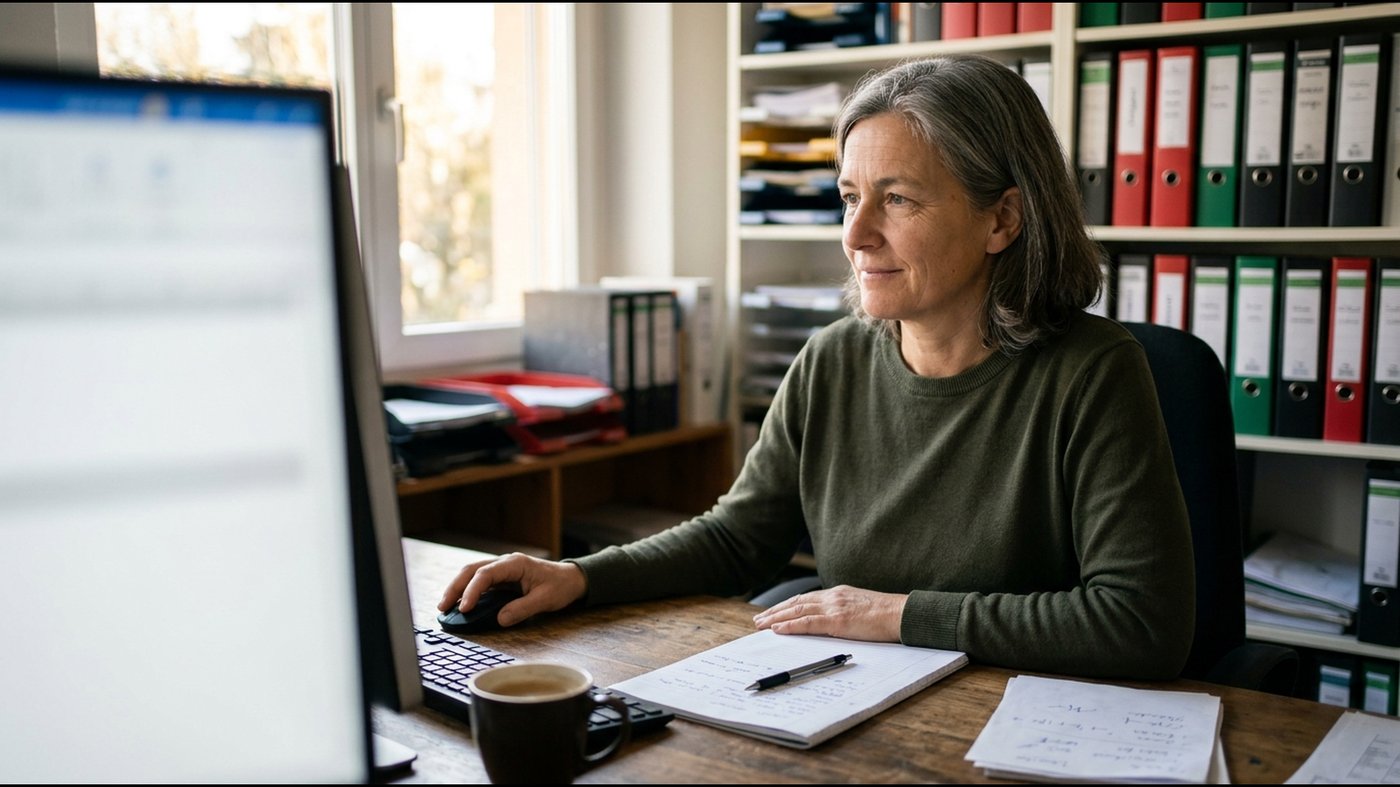 Eine Frau sitzt an einem Büroschreibtisch und arbeitet am Computer, daneben ein Notizblock mit Stift und eine Kaffeetasse, im Hintergrund ein Regal mit Ordnern.