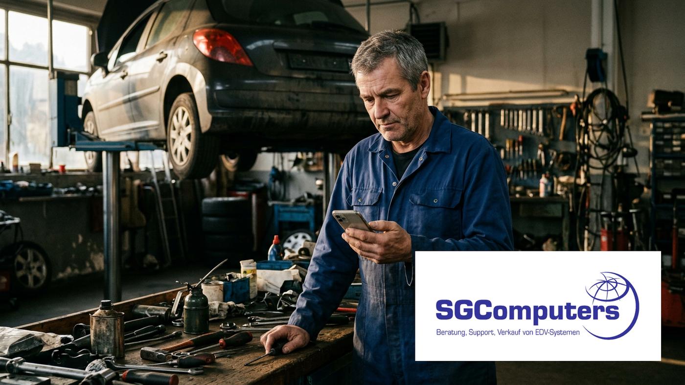 Ein Garagist steht in seiner Werkstatt und schaut nachdenklich auf sein Handy.