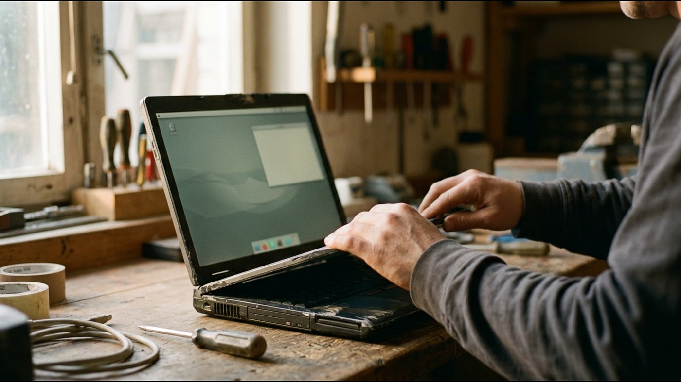Ein älteres Notebook steht aufgeklappt auf einer Holzwerkbank in einer Werkstatt, die Hände einer Person am Gerät, auf dem Bildschirm ein aufgeräumter Computer-Schreibtisch.