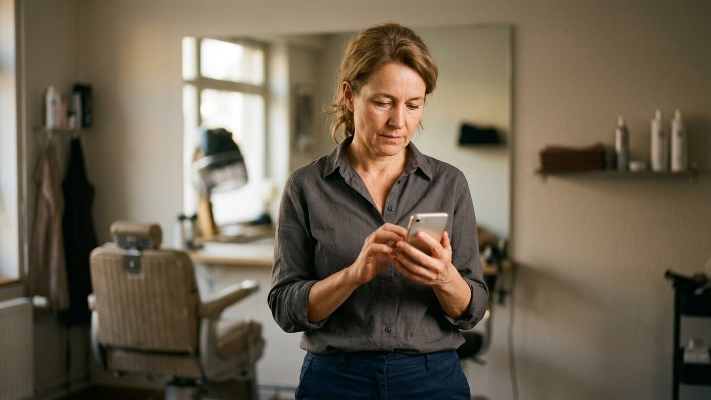 Eine Coiffeuse steht in einer ruhigen Minute in ihrem Salon und schaut konzentriert auf ihr Smartphone, im Hintergrund ein leerer Frisierstuhl.